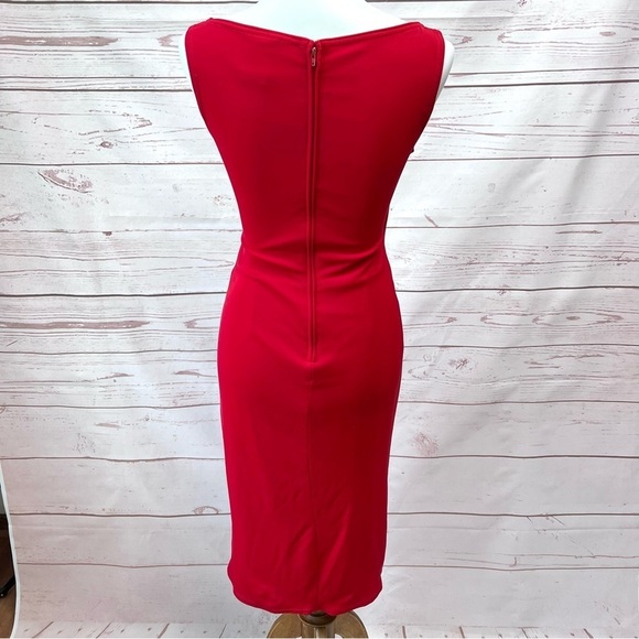 Vintage Tadashi Shoji Asymmetrical Ruched Faux Wrap Surplice Stretch Dress - Picture 4 of 10